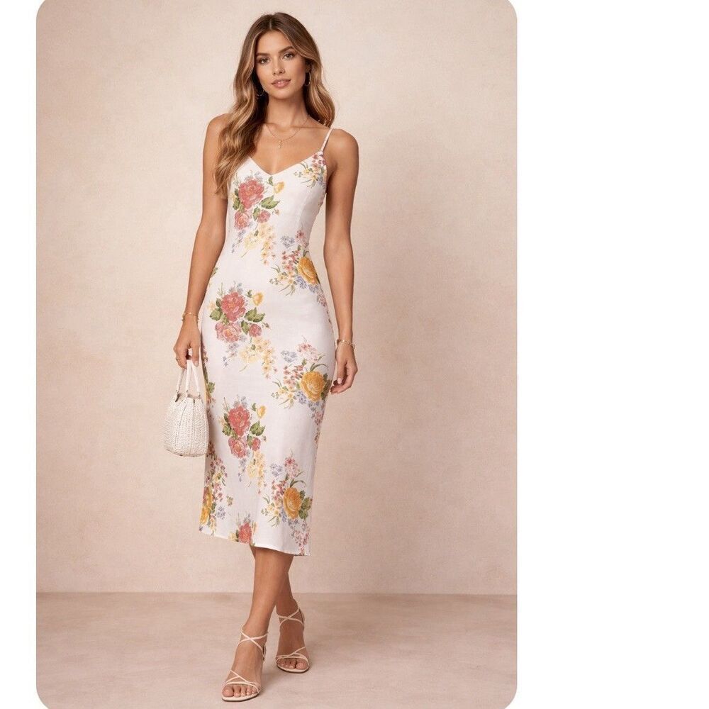 Reformation Boston Floral Midi Slip Dress Ivory Pink Yellow Size 8 Feminine